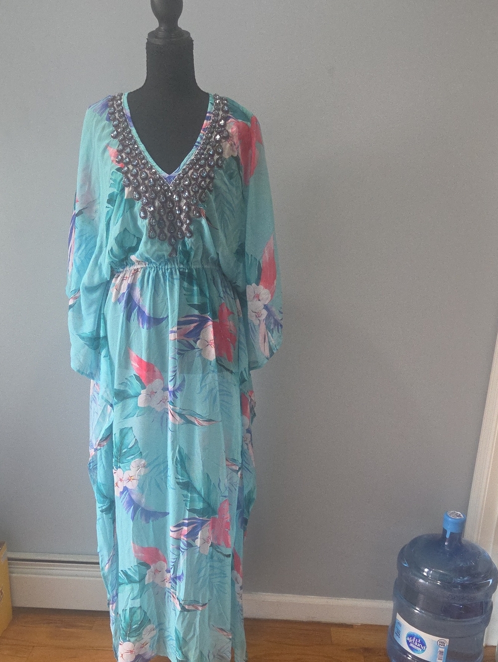 Boston Proper Turquoise Floral Beaded V-Neck Maxi Dress